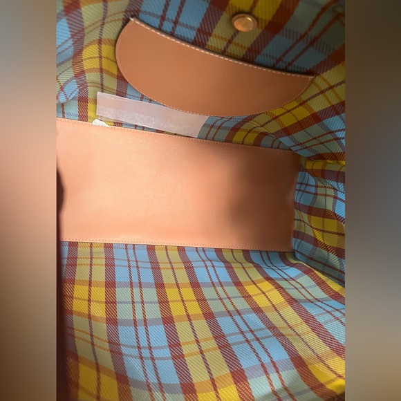 Tory Burch Yellow / Blue Mercado Plaid Ella Mesh Tote Bag - Picture 10 of 12